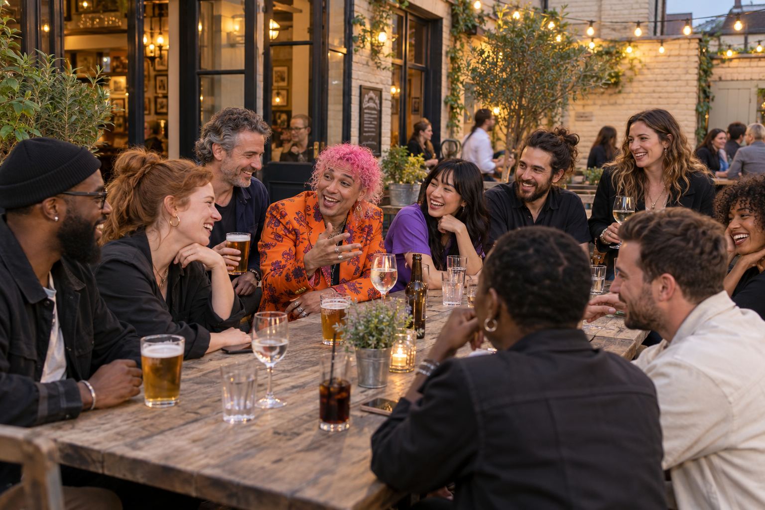 A group of creative people laughing together around a long table in a lantern-lit pub garden