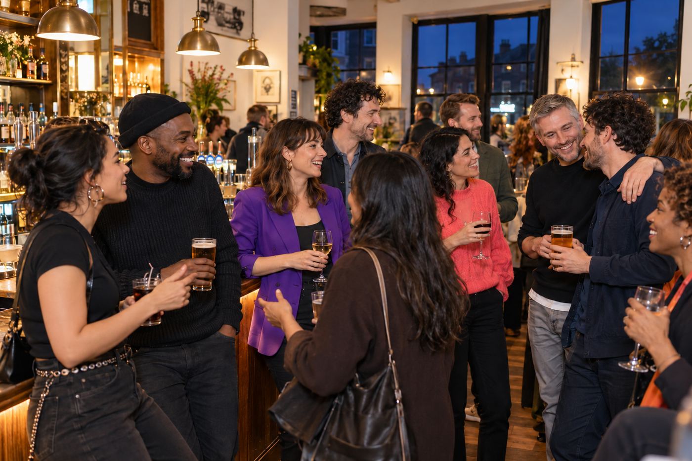 Friends talking and laughing at a busy bar in the evening