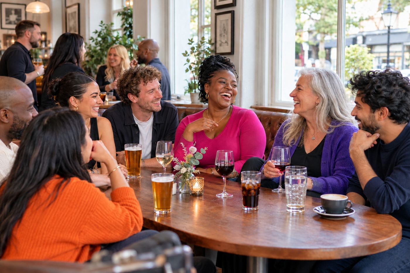 A relaxed group around a table in a light-filled Ealing bar, with pints, wine, cola and coffee