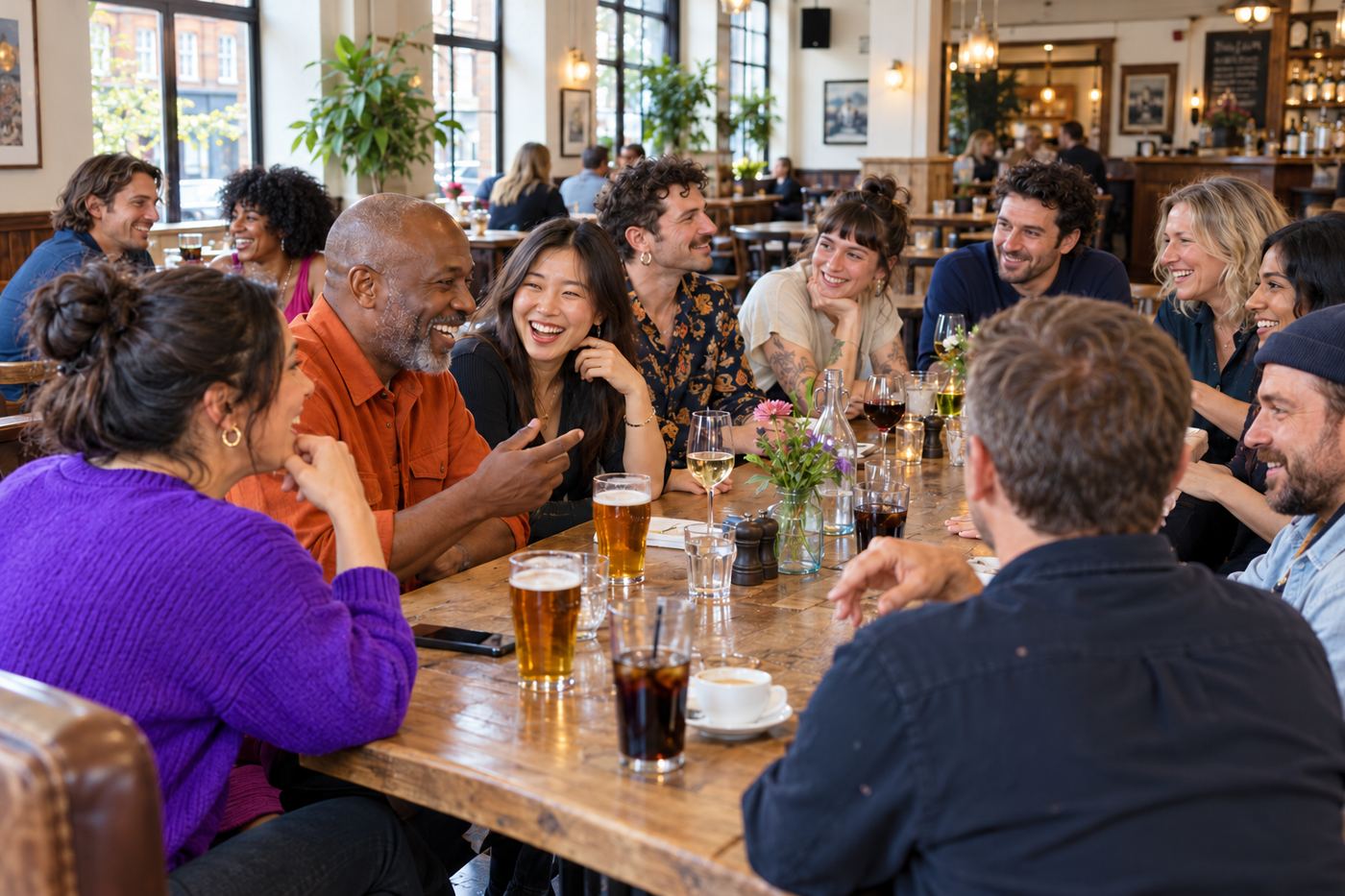 A lively social night around a long table in a bar, people talking across the table