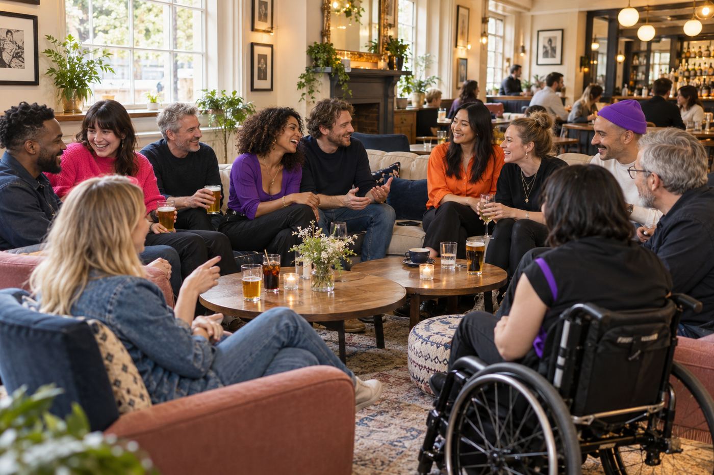 A mixed group relaxing on sofas in a bar lounge, including a wheelchair user