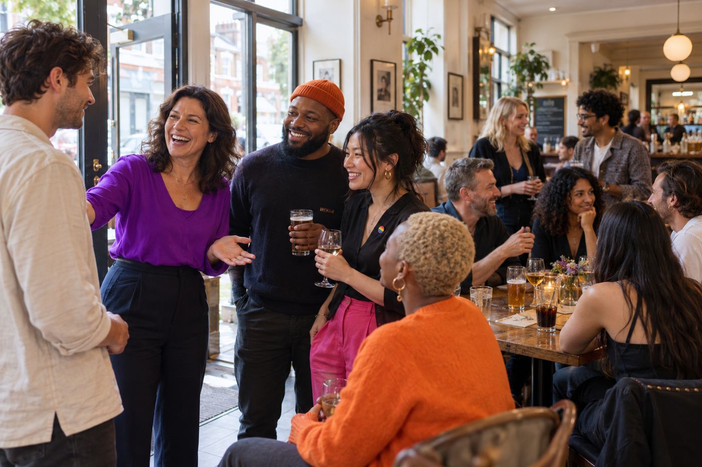 A woman warmly welcoming a newcomer at the door of a bar